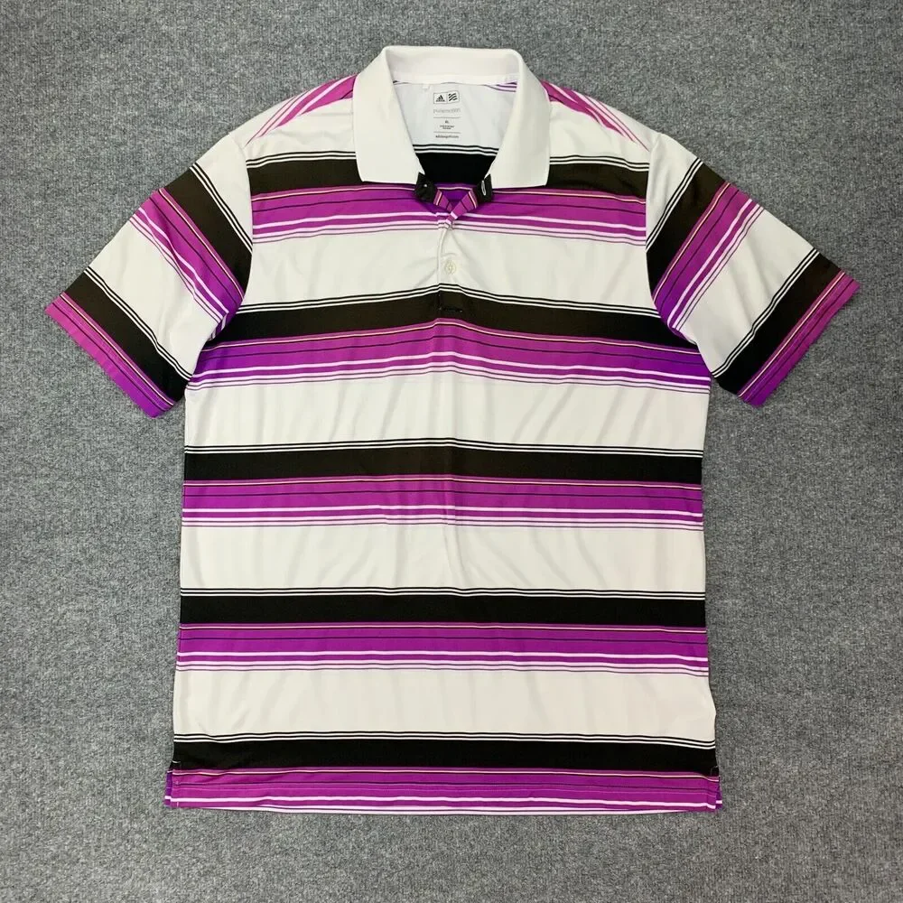 Adidas Golf Shirt Men XL White Purple Stripe Stretch Lightweight Puremotion Polo
